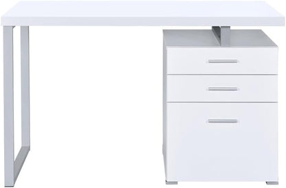 CARTESIAN Modern Reversible Computer Desk with 3 Drawers, 47.25W x 23.5D x 30H inches, White and Silver Metal Frame, File Cabinet Storage