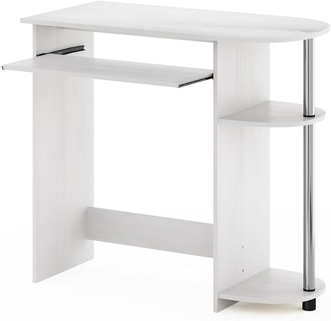 Pemberly Row Computer Desk, 31.5 in Wide, Composite Wood and Stainless Steel Tubes, White Finish, Pull-Out Keyboard Drawer, Dual Shelves, Compact Home Office or Bedroom Workspace
