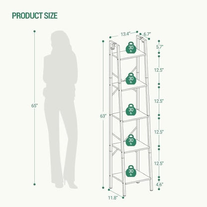 Hzuaneri Ladder Shelf, Bookshelf Bookcase, Freestanding Corner Storage Shelve with 2 Hooks for Home Office, Living Room, Kitchen, Bedroom, Industrial, 11.8" D x 13.4" W x 63" H, White Gold BC03213G