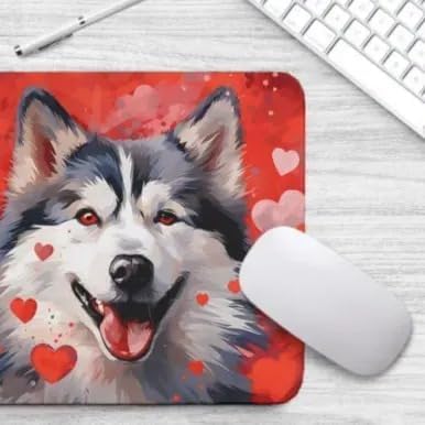 Alaskan Malamute Mouse Pad Dog with Red Hearts Pattern Non-Slip Rubber Mouse Pad Puppy in Love Mouse Pad for Home Office Work Desk Computer Desktop Laptop for Dog Lovers