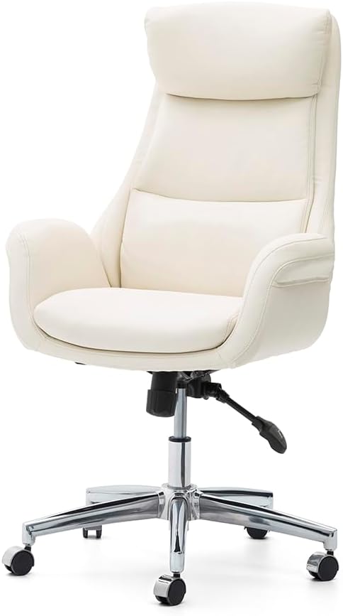 Glitzhome Modern Executive Home High-Back Office Chair - Leather Adjustable Swivel Desk Chair with Armrest(Cream)