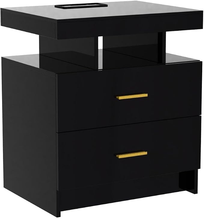 HNEBC Auto LED Nightstands Set of 2,Modern Bedside Table with USB Ports & Wireless Charging Station,High Gloss Bedside Tables with 2 Drawers,Nightstands for Bedrooms/Living Room/Office (Black)
