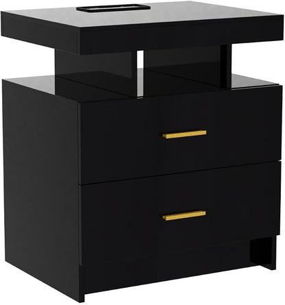 HNEBC Auto LED Nightstands Set of 2,Modern Bedside Table with USB Ports & Wireless Charging Station,High Gloss Bedside Tables with 2 Drawers,Nightstands for Bedrooms/Living Room/Office (Black)