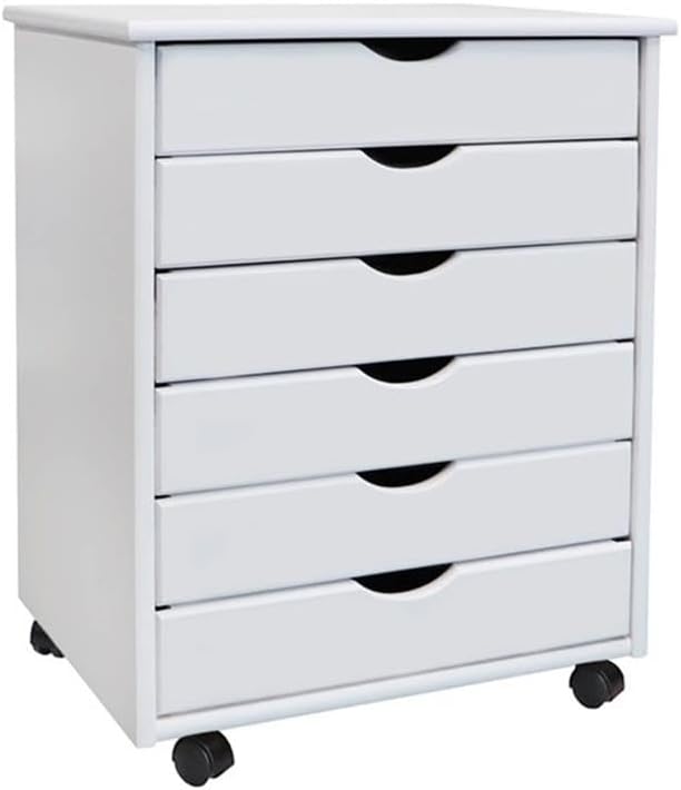 Pemberly Row Modern Solid Wood 6-Drawer Utility Cart, Compact Design, White Finish, L 15.35 x W 20.75 x H 25.43 in, Smooth Casters, Versatile Storage for Home Office, Studio, Craft Room
