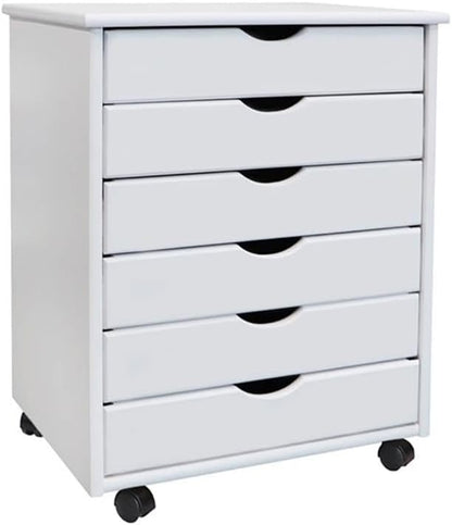 Pemberly Row Modern Solid Wood 6-Drawer Utility Cart, Compact Design, White Finish, L 15.35 x W 20.75 x H 25.43 in, Smooth Casters, Versatile Storage for Home Office, Studio, Craft Room
