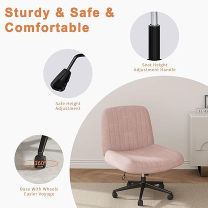 Shintenchi Criss Cross Chair,Cross Legged Office Seat with Wheels Armless Swivel Vanity Chair,Height Adjustable Wide Computer Task Seating for Home Office,Pink ﻿