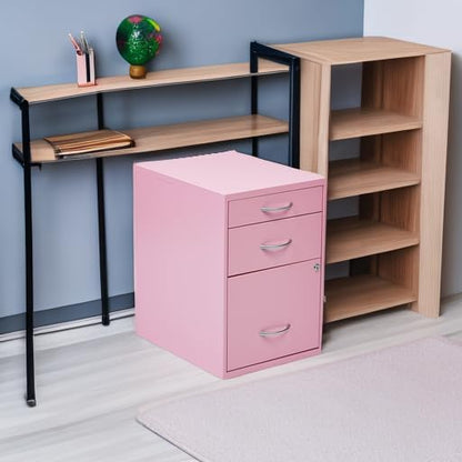 OSP Home Furnishings HPB Heavy Duty 3-Drawer Metal File Cabinet for Standard Files and Office Supplies, Pink Finish