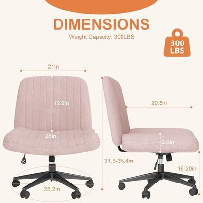 Shintenchi Criss Cross Chair,Cross Legged Office Seat with Wheels Armless Swivel Vanity Chair,Height Adjustable Wide Computer Task Seating for Home Office,Pink ﻿