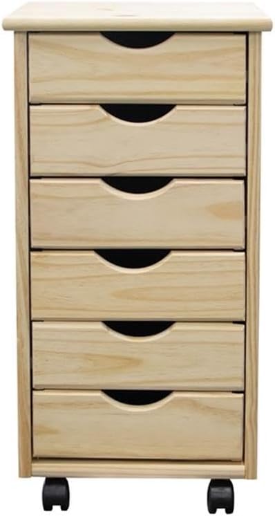 Pemberly Row Solid Wood 6-Drawer Utility Cart, 15.25 x 13.25 x 25.75 in, Unfinished Pine, Compact Design with Casters, Removable Drawers, Crafting, Home Office, Customizable Storage Solution