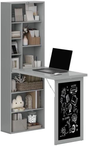 Foldable Wall Mounted Desk with Storage Shelves, Fold Out Convertible Computer Table with Blackboard, Folding Writing Table Workstation for Small Spaces,Home Office (Grey)
