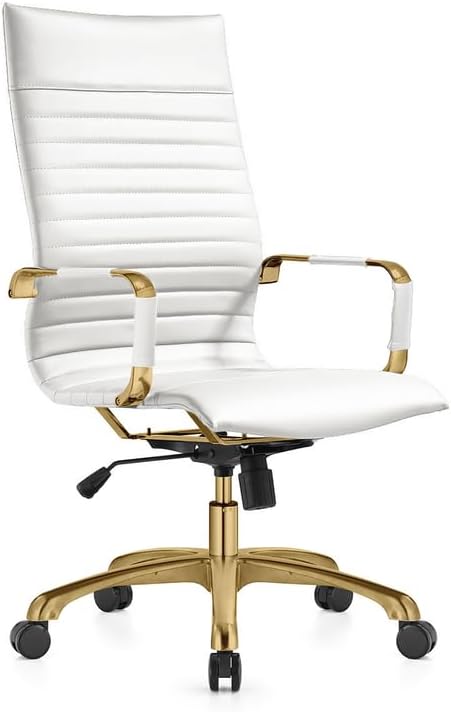 LeisureMod Harris High-Back Task Office Chair - Modern Leather Upholstery with Gold Frame, Ribbed Design 360 Degree Adjustable Swivel for Home, Office, and Study Room