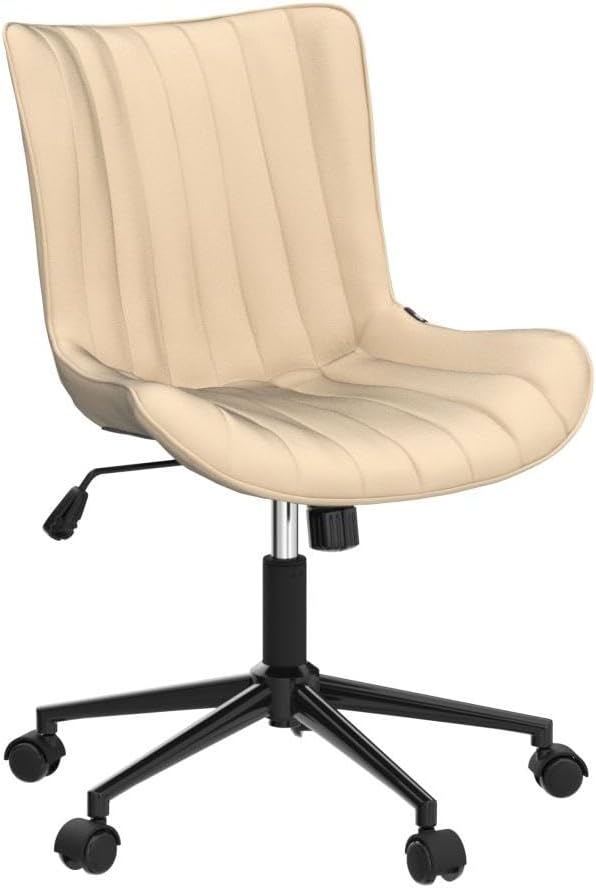 YOUNIKE Ergonomic Home Office Desk Chair with Wheels Comfy Armless Vanity Chair with Adjustable Back Modern Leather Upholstered Swivel Computer Chair Small Cute Rolling Task Chair for Women Beige