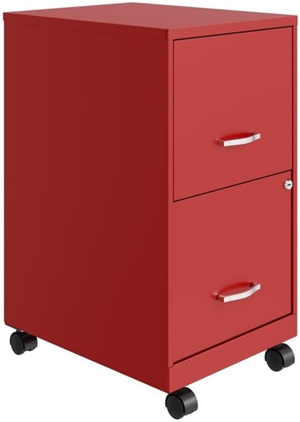Pemberly Row 2-Drawer Metal Vertical Filing Cabinet, 18 in Depth, Red Finish, Lockable Mobile Office Storage with High-Side Drawers, Easy Roll Casters, Fits Under Desk, Letter Size Hanging Files