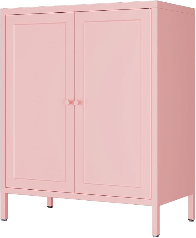 2 Door Metal Storage Cabinet-Small Bathroom Storage Cabinet with 1 Adjustable Shelf,Metal Freestanding Sideboard for Home Office, Living Room, Hallway, Entryway(Square Door, Pink)