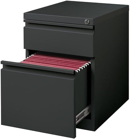 Pemberly Row 20" Metal Mobile Pedestal Filing Cabinet, Charcoal Finish, 2 Drawers, Letter-Size File Compatible, Ball-Bearing Suspension, Lock Included, Hidden Casters, Contemporary Office Storage Unit