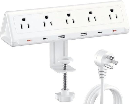 10 FT Desk Clamp Power Strip with 5 AC Outlets & 6 USB Ports PD 40W USB-C Fast Charging, 1250J Surge Protector, Fits 2.1 in top Edge White