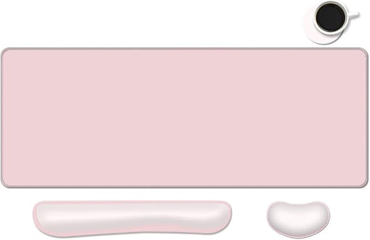 Desk Mat, Large Gaming Mouse Pad with Wrist Rest, 4 in1 XXL Mouse pad+Keyboard Wrist Rest+Mouse Pad Wrist Support+Cup Coaster Set, Ergonomic Desk Pad for Home Office, Pink