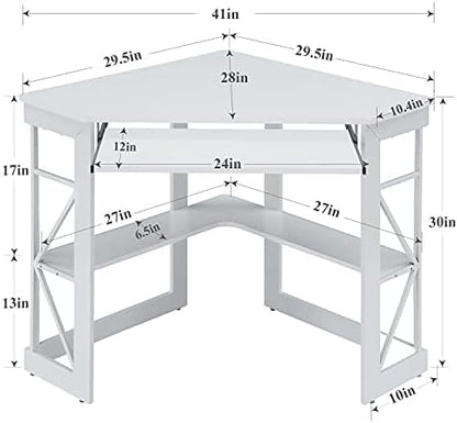 VECELO Corner Desk Computer Desk Writing Table with Smooth Keyboard Tray & Storage Shelves,Compact Home Office Triangle Table,White