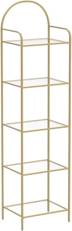 Hzuaneri Bookcase Bookshelf, Tempered Glass Bookshelves, Slim Shelving Unit for Bedroom, Bathroom, Home Office, Steel Frame, 5 Tier Gold BC05001G