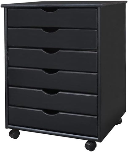 Pemberly Row Modern Solid Wood 6-Drawer Utility Cart, Black Finish, 15.35" L x 20.75" W x 25.43" H, Eco-Friendly Rolling Storage for Office, Craft Room, Kitchen or Home Use