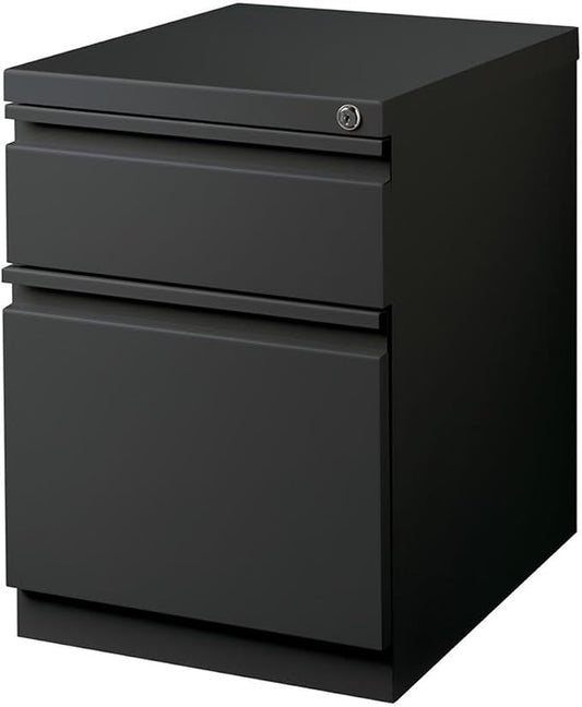 Pemberly Row 20" Metal Mobile Pedestal Filing Cabinet, Charcoal Finish, 2 Drawers, Letter-Size File Compatible, Ball-Bearing Suspension, Lock Included, Hidden Casters, Contemporary Office Storage Unit