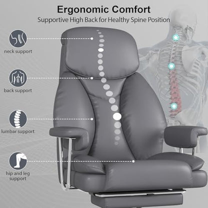 Big and Tall Office Chair, Executive Home Office Desk Chair, Comfy Leather High-Back Reclining Computer Chair with Retractable Footrest and Padded Arms, 360°Swivel Rolling Wheels, Wide Seat, Gray