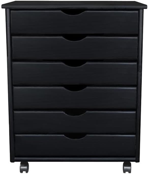 Pemberly Row Modern Solid Wood 6-Drawer Utility Cart, Black Finish, 15.35" L x 20.75" W x 25.43" H, Eco-Friendly Rolling Storage for Office, Craft Room, Kitchen or Home Use