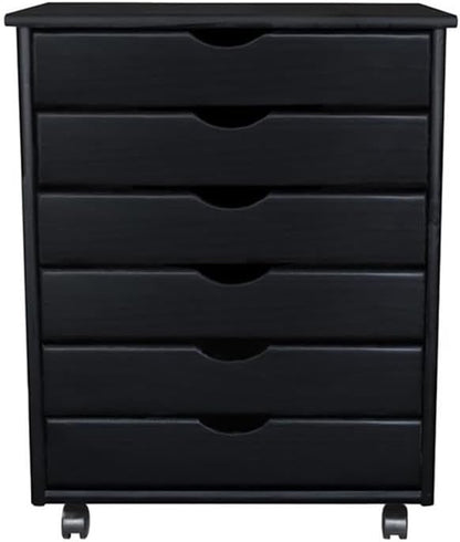 Pemberly Row Modern Solid Wood 6-Drawer Utility Cart, Black Finish, 15.35" L x 20.75" W x 25.43" H, Eco-Friendly Rolling Storage for Office, Craft Room, Kitchen or Home Use