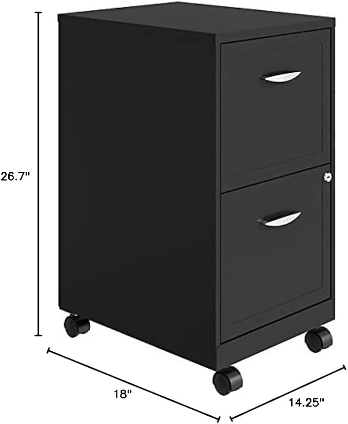 Pemberly Row 2-Drawer Mobile Metal Filing Cabinet, Gray Finish, 26.7" H X 14.25" W X 18" D, Lockable Letter-Size Storage, Smooth Glide Suspension, Easy Roll Casters for Home or Office Use