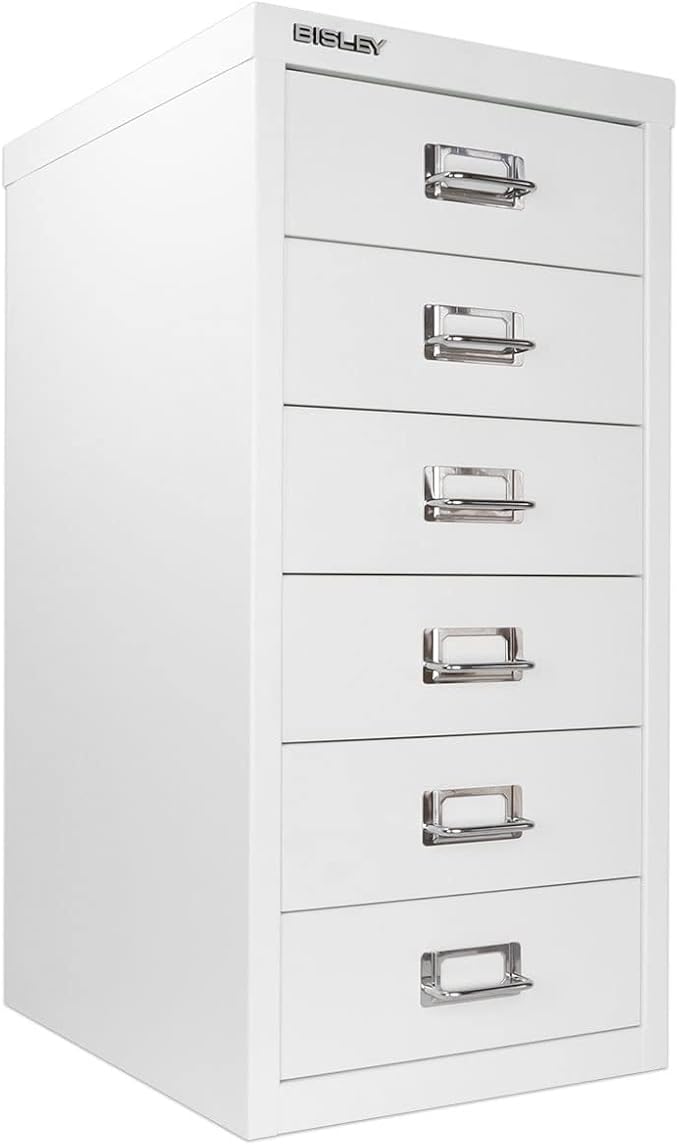 Bisley 6-Drawer Steel MultiDrawer Cabinet - Traffic White | Chrome Pull Handles with Label Holders, Powder-Coated Steel, Removable Drawers, Fits Under Most Desks, Labels Included