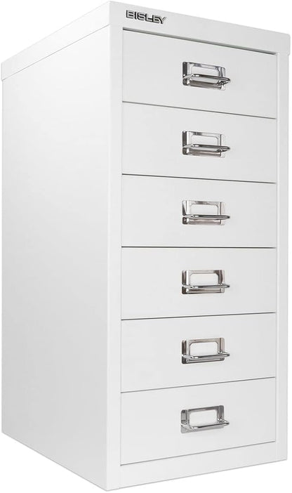 Bisley 6-Drawer Steel MultiDrawer Cabinet - Traffic White | Chrome Pull Handles with Label Holders, Powder-Coated Steel, Removable Drawers, Fits Under Most Desks, Labels Included