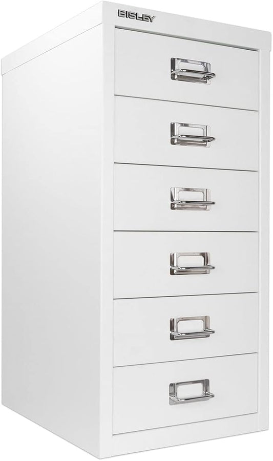 Bisley 6-Drawer Steel MultiDrawer Cabinet - Traffic White | Chrome Pull Handles with Label Holders, Powder-Coated Steel, Removable Drawers, Fits Under Most Desks, Labels Included