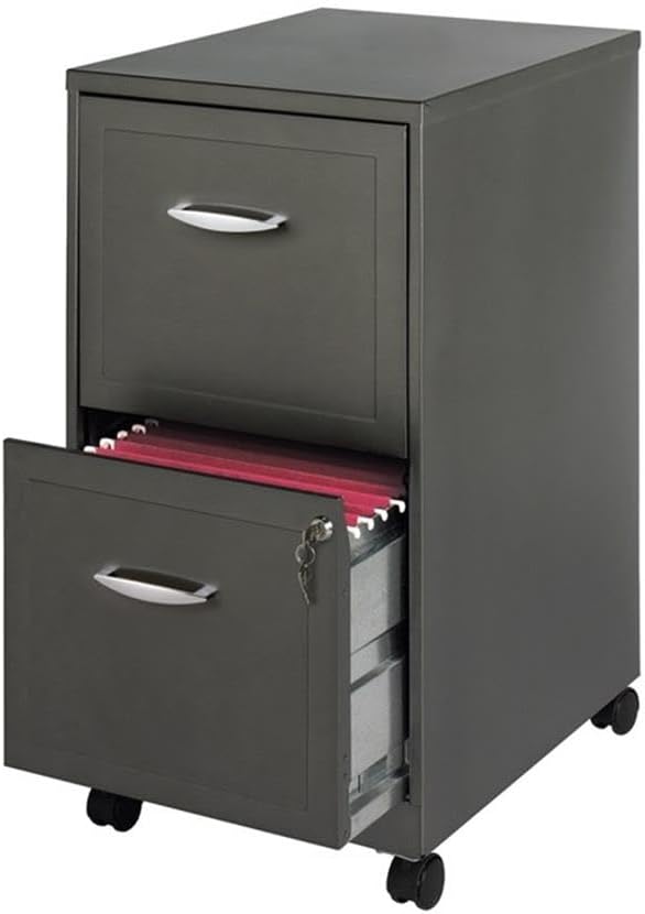 Pemberly Row 2-Drawer Mobile Metal Filing Cabinet, Gray Finish, 26.7" H X 14.25" W X 18" D, Lockable Letter-Size Storage, Smooth Glide Suspension, Easy Roll Casters for Home or Office Use