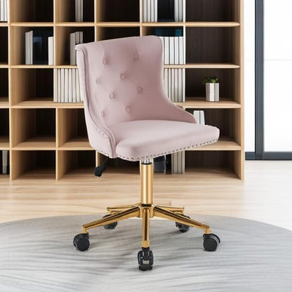 VINGLI Light Pink Velvet Armless Home Office Desk Chair with Gold Base/Wheels,Cute Vanity/Makeup Chair with Back for Bedroom, Upholstered Adjustable Rolling Swivel Nail Chair for Women/Girls
