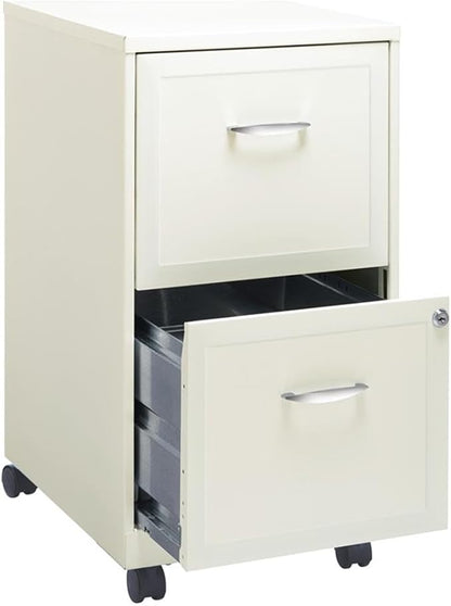 Pemberly Row 18" 2-Drawer Mobile Metal Filing Cabinet, Pearl White Finish, 26.7" H x 14.25" W x 18" D, Lockable Design with Casters, Home Office Storage Organizer for Letter-Size Hanging Files