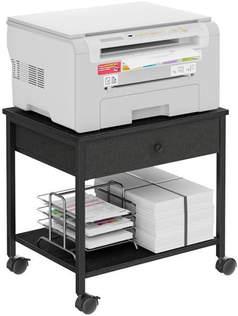 Homleke 2-Tier Under Desk Printer Stand with Drawer, Mobile Printer Table with Lockable Wheels, Heavy Duty Metal Frame & Wood Shelf, Fits Printers/Scanners/Fax Machines – Black, 15.7" Lx11.8 Wx15.7 H