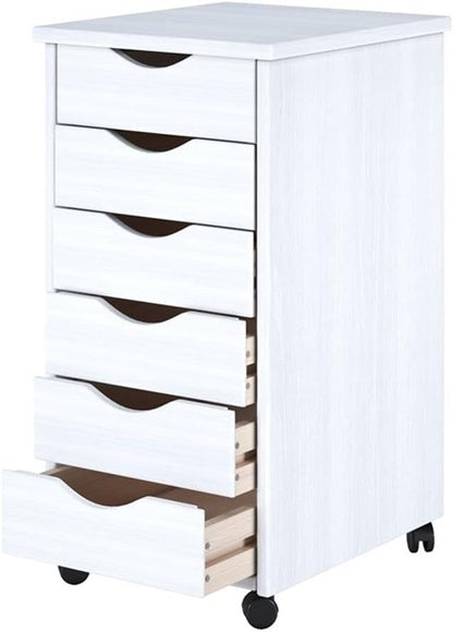 Pemberly Row Modern Solid Wood 6-Drawer Roll Utility Cart, White Finish, Compact Design with Casters, Durable Pine Construction, Mobile Storage for Office, Dorm, Craft Room or Small Spaces