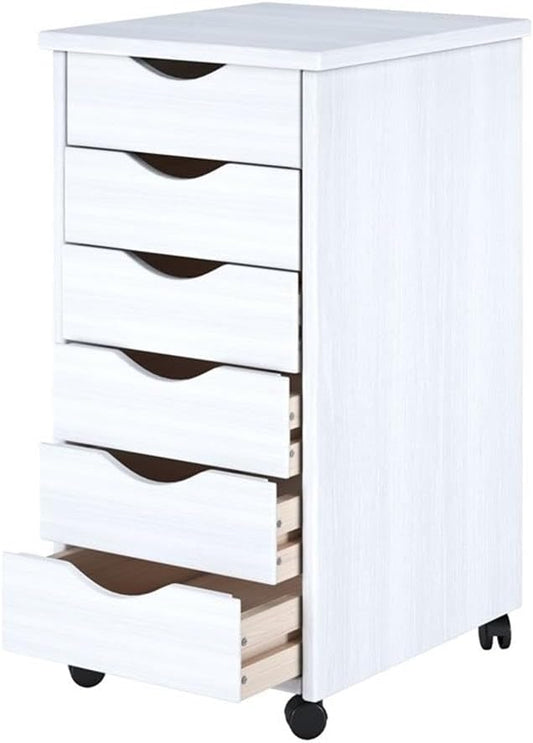 Pemberly Row Modern Solid Wood 6-Drawer Roll Utility Cart, White Finish, Compact Design with Casters, Durable Pine Construction, Mobile Storage for Office, Dorm, Craft Room or Small Spaces