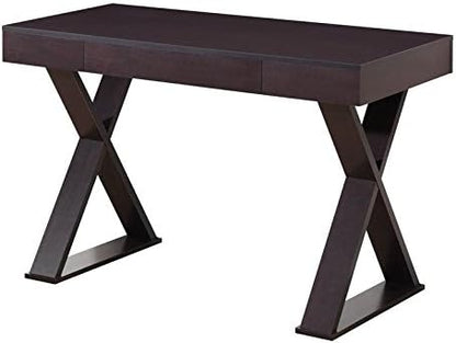 Pemberly Row Writing Desk with Drawer, Espresso Finish, Heavy-Duty Particle Board, Moisture Resistant Laminate, Geometric X-Shaped Legs, Ultra Modern Style, Compact Workspace Furniture for Home or