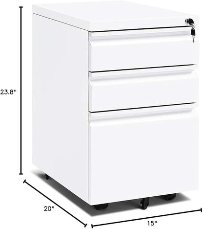 INTERGREAT 3 Drawer Filing Cabinet with Lock, White Mobile File Cabinet with Wheels, Rolling Small Metal Cabinets Under Desk for Home Office, Assembled