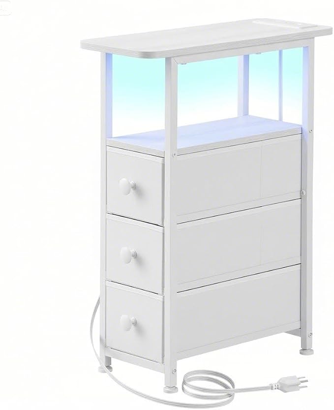 DALEMHOME Narrow End Table with Charging Station, Narrow Side Table with Drawer, Small Nightstand with LED Light, Skinny Nightstand, Small Bedside Table for Living Room, Bedroom, Couch, White