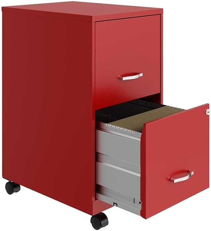Pemberly Row 2-Drawer Metal Vertical Filing Cabinet, 18 in Depth, Red Finish, Lockable Mobile Office Storage with High-Side Drawers, Easy Roll Casters, Fits Under Desk, Letter Size Hanging Files