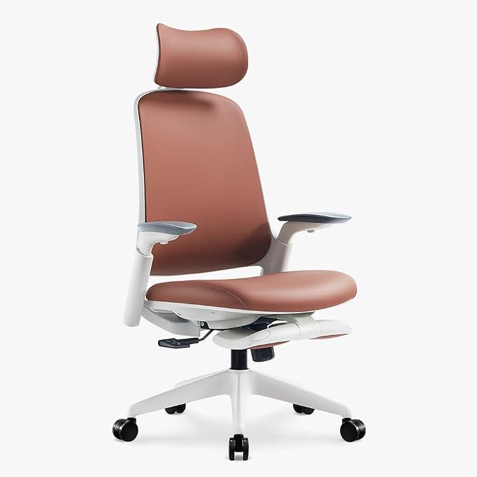 Sunaofe Boss Pro Leather Ergonomic Office Chair with Footrest - Executive Chair, 4D Armrests, Adaptive Lumbar, 125° Recline, 300lb Capacity, 5-Year Warranty White Frame/Dark Brown