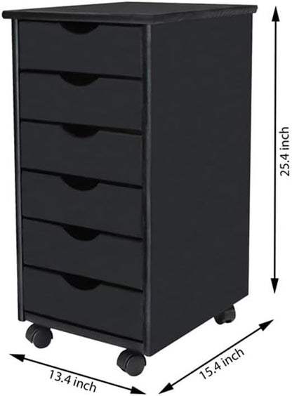 Pemberly Row Modern Solid Wood 6-Drawer Roll Utility Cart, Black Finish, L 15.25 x W 13.25 x H 25.75 in, Durable Pine Wood, Mobile Storage for Home Office, Crafts, Kitchen, Compact & Spacious Design