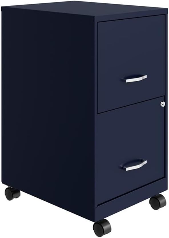 Pemberly Row 18" 2-Drawer Mobile Metal Filing Cabinet, Navy Finish, Painted Steel, Lockable High-Side Drawers, Smooth Glide Wheels, Compact Vertical Design for Home or Office Organization