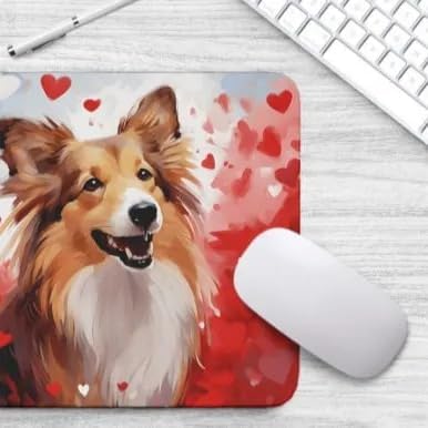 Shetland Sheepdog Mouse Pad Dog with Red Hearts Pattern Non-Slip Rubber Mouse Pad Puppy in Love Mouse Pad for Home Office Work Desk Computer Desktop Laptop for Dog Lovers