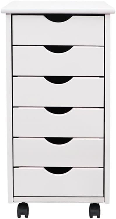 Pemberly Row Modern Solid Wood 6-Drawer Roll Utility Cart, White Finish, Compact Design with Casters, Durable Pine Construction, Mobile Storage for Office, Dorm, Craft Room or Small Spaces