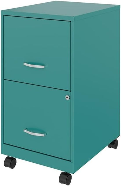 Pemberly Row 2-Drawer Metal Mobile Filing Cabinet, 18 in Depth, Turquoise Finish, Locking Drawers, Letter-Size Hanging File Storage, Smooth Glide Casters, Compact Home or Office Use