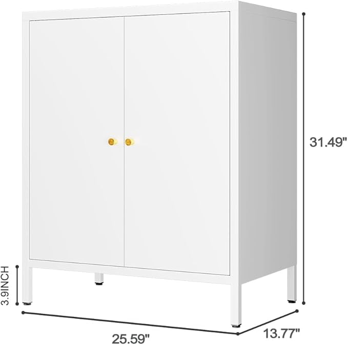 2 Door Metal Accent Storage Cabinet for Home, Living Room, Office Room,Kitchen-Metal Locker Cabinet with 1 Adjustable Shelves-2-Tier (Small 2 Door Cabinet, White)