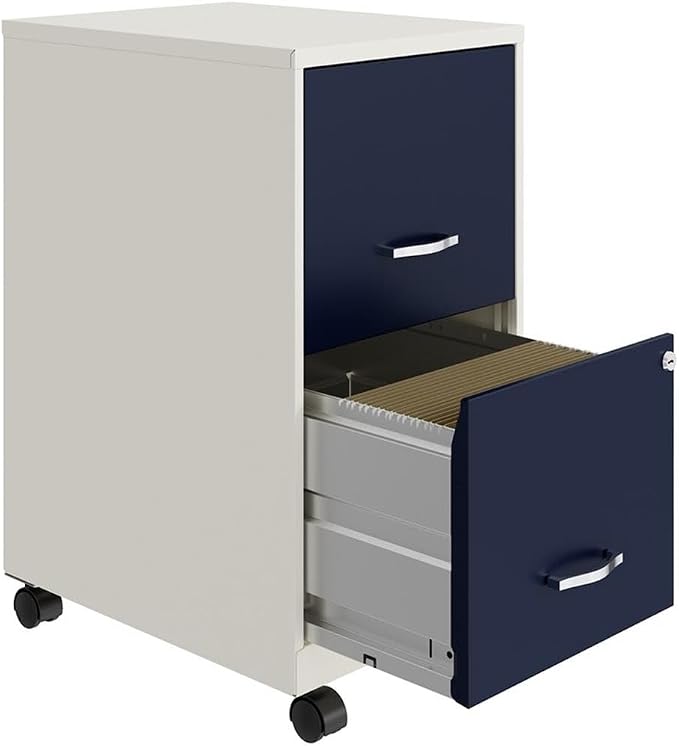 Pemberly Row 2-Drawer Mobile Metal Filing Cabinet, 18" D, White/Navy Finish, Locking Drawers with Glide Suspension, Letter-Size File Storage, Compact Vertical Design for Home or Office